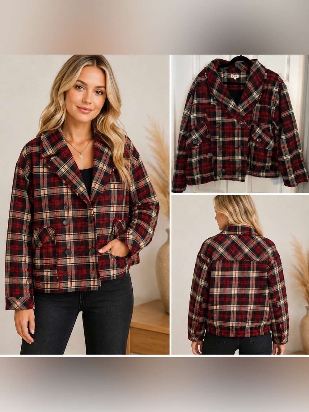 POL Plaid Flannel Quilted Jacket S Red Black